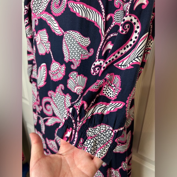 CROWN & IVY Ruffle Neck Cold Shoulder Dress Navy Blue Pink White Floral Paisley - Picture 8 of 13